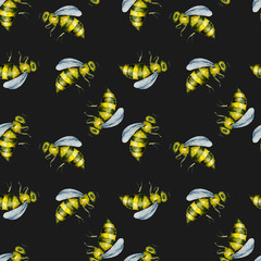 Seamless pattern with watercolor bees, hand drawn isolated on a dark background