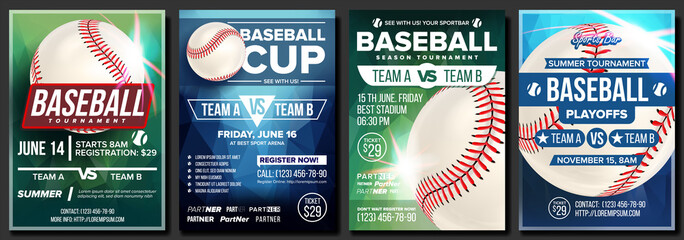 Baseball Poster Set Vector. Design For Sport Bar Promotion. Base. Baseball Ball. Modern Tournament. Sport Game Event Announcement. Flyer, Banner Advertising. Template Illustration