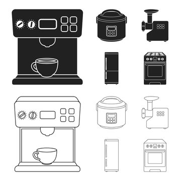 Multivarka, refrigerator, meat grinder, gas stove.Household set collection icons in black,outline style vector symbol stock illustration web.