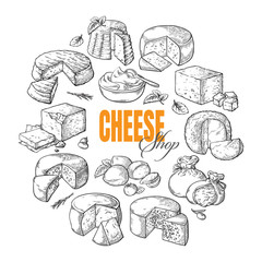 circular background of different cheese top view Vector illustration