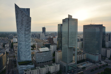 View from above and urban skyline  at sunset in Warsaw , Poland.