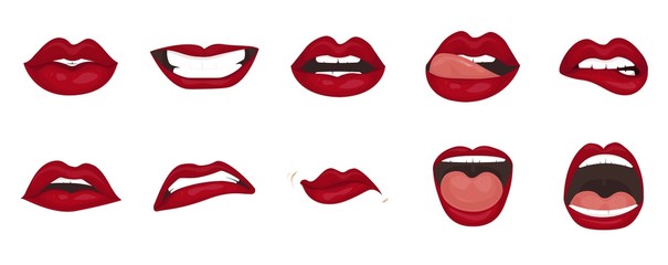 Cartoon icons set isolated. Cute mouth expressions facial gestures lips sadness rapture disappointment fear surprise joy smile cry despondency coquetry cute mouth. Isolated vector illustration