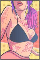 T-shirt print design old school tattoo body art model girl comic style drawing