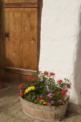 wood door and flowers 