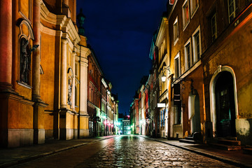 old historical part of Warsaw Poland in the light of night lights