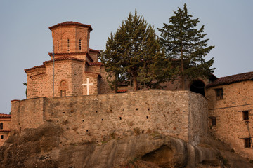 Great Meteoron Monastery. Beautiful scenic view, ancient traditional greek building on the top of huge stone pillar in Meteora,Thessaly, Greece, Europe