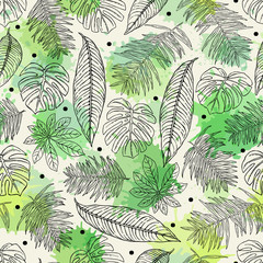 Seamless pattern with tropical plants. Freehand drawing. Can be used on packaging paper, fabric, background for different images, etc.