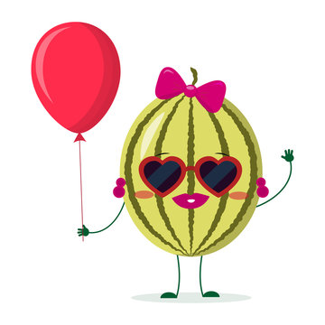 Cute watermelon cartoon character sunglasses hearts, bow and earrings. Holds a red air balloon. Vector illustration, a flat style.