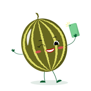 Cute watermelon cartoon character with a smartphone and does selfie. Vector illustration, a flat style.