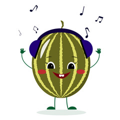 A cute watermelon character in cartoon style listening to music on headphones. Vector illustration, a flat style.
