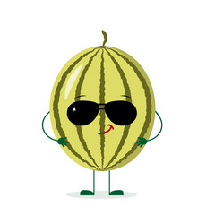 A cute watermelon character in cartoon style listening to music on headphones. Vector illustration, a flat style.
