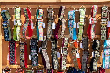 Group of colorful dog collars for sale
