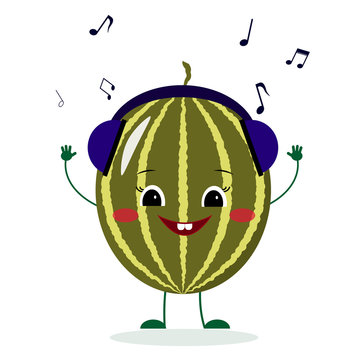 A cute watermelon character in cartoon style listening to music on headphones. Vector illustration, a flat style.