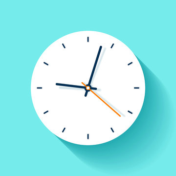 Clock icon in flat style, round timer on blue background. Simple watch. Vector design element for you business projects