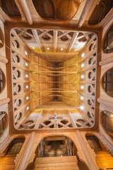 Vertical view inside the Heddal Stave church. Photo taken from the center of the church.