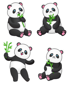 Set of four pandas with bambooDesign element for baby shower card, scrapbook, invitation, baby goods and childish accessories. Isolated on white background. Vector illustration.