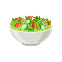 Fresh vegetable salad in gray ceramic bowl. Fresh and healthy food. Vegetarian nutrition. Flat vector for cafe or restaurant menu