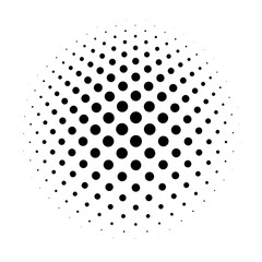 Halftone dots in radial gradient. Bulge sphere. Raster industrial. Vector illustration.