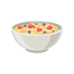 Flat vector icon of oatmeal porridge or rice with blueberry and strawberry in ceramic bowl. Delicious and healthy food for breakfast
