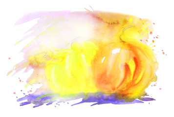 Watercolor abstract blur, outline pumpkin, spray, splash paint, stains. It can be used as background for greeting cards, invitations for Halloween. Art card with a beautiful splash of paint.