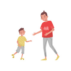 Teenager boy teaching his little brother riding roller-skate. Two cheerful kids. Outdoor activity. Flat vector design
