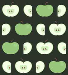 Seamless pattern with flat green apple isolated on dark background. Whole and carved (halfs and slices) fresh apples on fruit texture for fabric, wallpaper or web background on vector EPS10 design