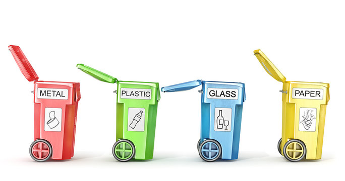 Opened trash cans for trash sorting isolated on a white. 3d illustration