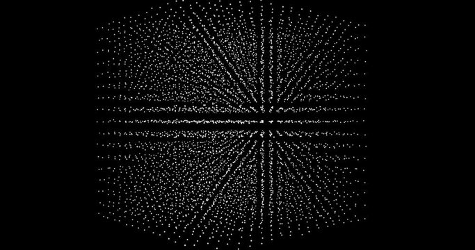 cube generated from a matrix of white dots on a black background. cube that rotates on itself made with a grid