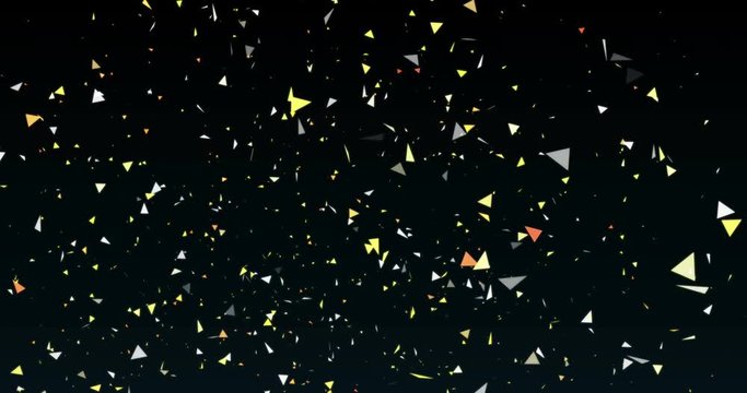 Cloud of colored triangles moving from bottom to top in an abstract environment with a black background. polygon system triangular particles