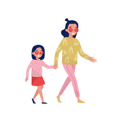 Young smiling mother with her little daughter walking outdoor and holding hands. Active lifestyle. Flat vector design