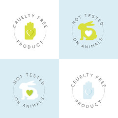 Vector Icon Style Illustration Logo Badge with Rabbit and Heart, Not Tested On Animals, Cruelty Free Lab Product Label Set, Isolated Minimalistic Design
