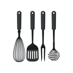 Collection of kitchen utensils used for cooking. Black metal whisks, spatula and meat fork. Kitchenware theme. Flat vector icons