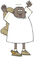 Illustration of a black angel with his head and arms held upward singing.