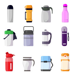 Thermos vector vacuum flask or bottle with hot drink coffee or tea illustration set of metal container or aluminum mug or cup isolated on white background