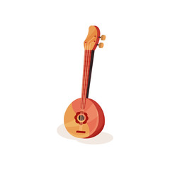 Naklejka premium Traditional wooden domra with round body and three metal strings. Folk stringed instrument. Flat vector element for music event poster