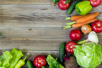 Top view of healthy food background with copy space. Healthy food concept with fresh vegetables