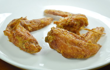  crispy fried chicken wing with herb on white plate 