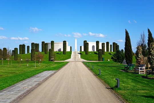 Road and steps leading to the front of the Armed Forces Memorial, National Memorial Arboretum, Alrewas, UK.