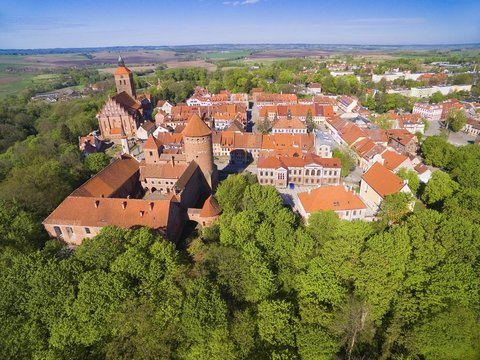Aerial view of medieval Reszel town - small town of Warmia region, with a long history, many historical monuments and various tourist attractions, Poland