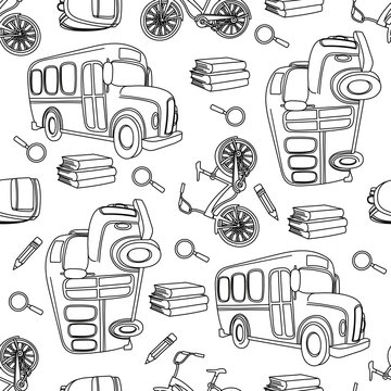 School Seamless Pattern Vector Illustration SCHOOL BUS & BIKE WHITE Paper for Birthday and Party, Wall Decorations, Scrapbooking, Baby Book, Photo Albums and Card Print