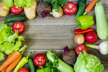 Top view of healthy food background with copy space. Healthy food concept with fresh vegetables