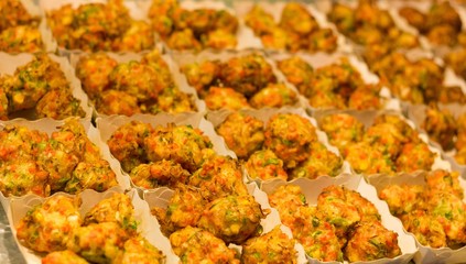 Deep fried vegetable nuggets, also known as no name, at night market in Koh Phangan island, Thailand. Fast food concept