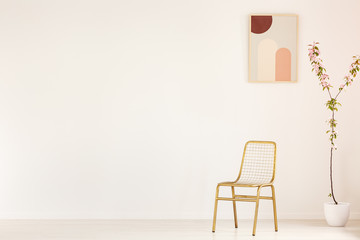 Plant next to gold chair in empty white interior with poster and copy space on the wall. Real...