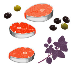 A piece of red fish. Cut salmon slice. Salmon steak isolated on white background. Vector illustration of a fish. Design of the menu. Seafood.