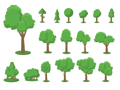 Collection of trees illustrations. Can be used to illustrate any nature or healthy lifestyle topic. Flowers, grass, big and small trees, leakage, bush, landscape, garden, park.