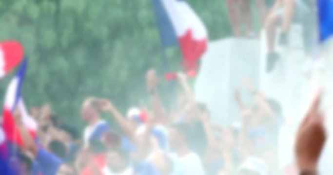 Blurred Background Of Crowd Of French Supporters With Tricolor Flag Celebrate In The Street After Winning The World Cup - DCi 4K Resolution