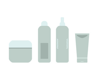 Beauty products gray and blue cosmetic bottles and tubes on white, vector frame