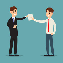 Businessman documents. Meeting of two businessmen for the transfer of papers. Transfer the contract from hand to hand. Receive documents. Cartoon illustration isolated on white background in flat