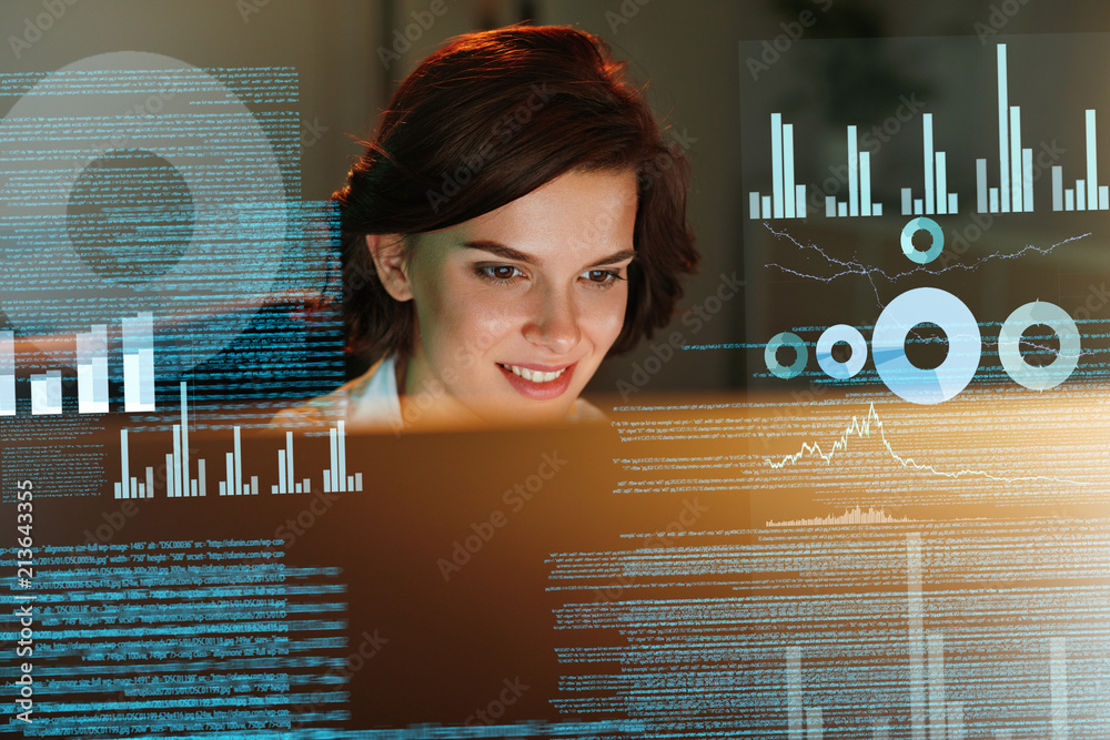 Aufkleber Female Programmer Working With Hologram Display