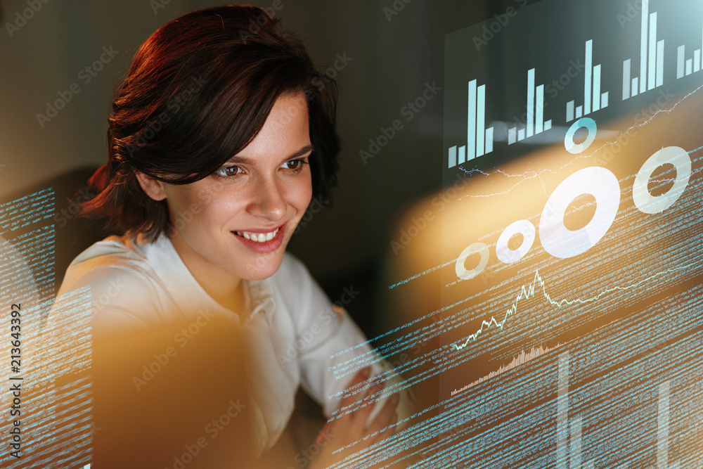 Poster Female Programmer Working With Hologram Display